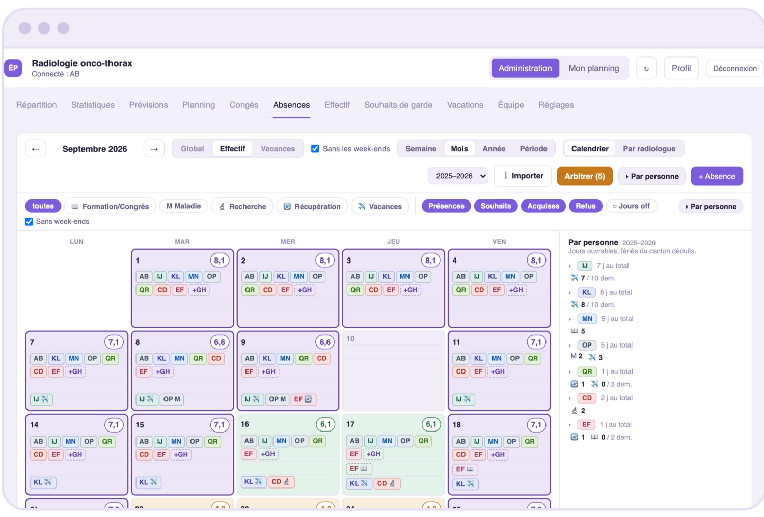 Calendrier des absences et effectif