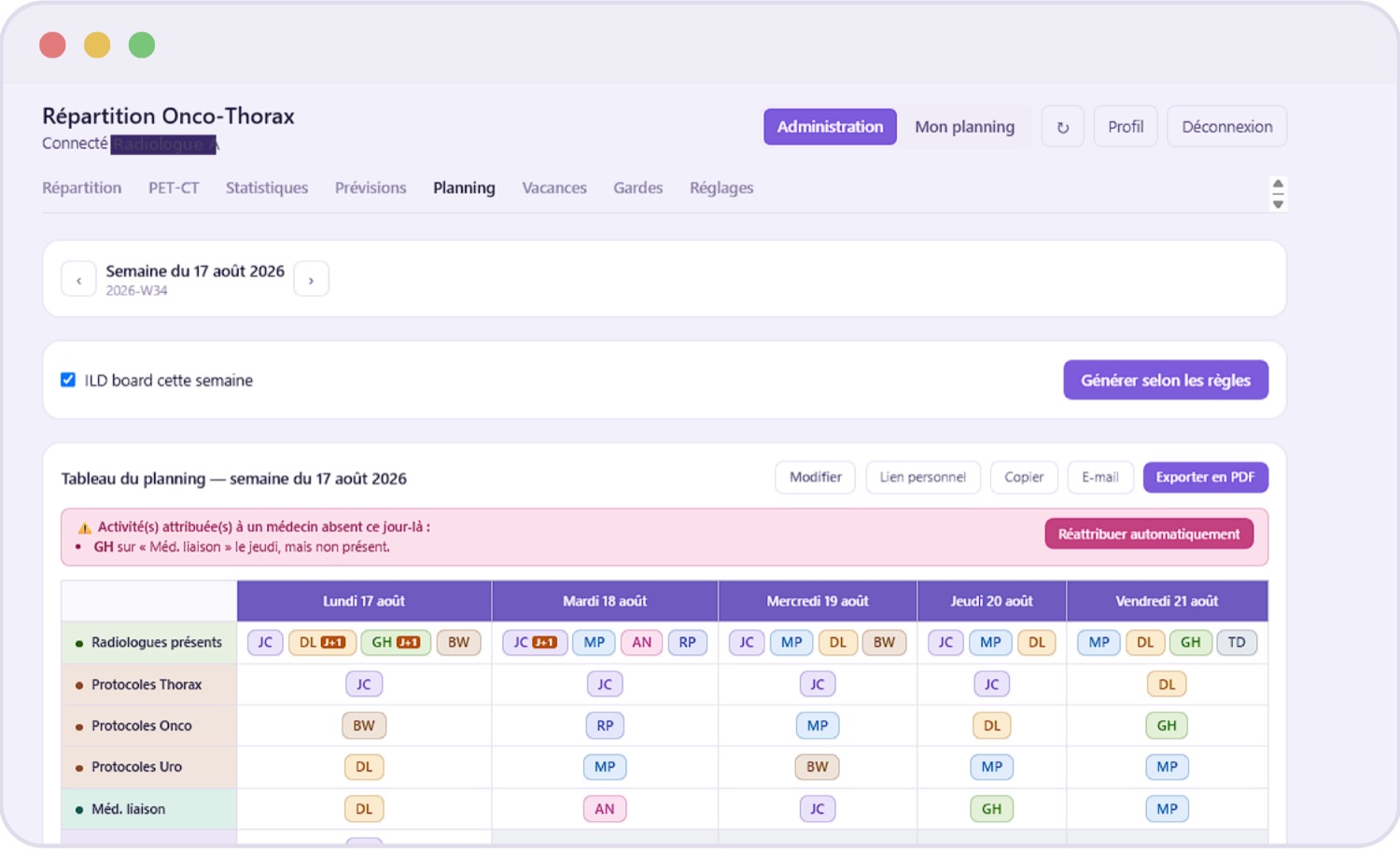 Planning hebdomadaire du service dans ÉquiPlan